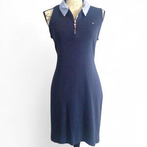 Tommy Hilfiger Chambray Collar Sleeveless Zip Polo Dress Navy Blue Cotton - Medi
